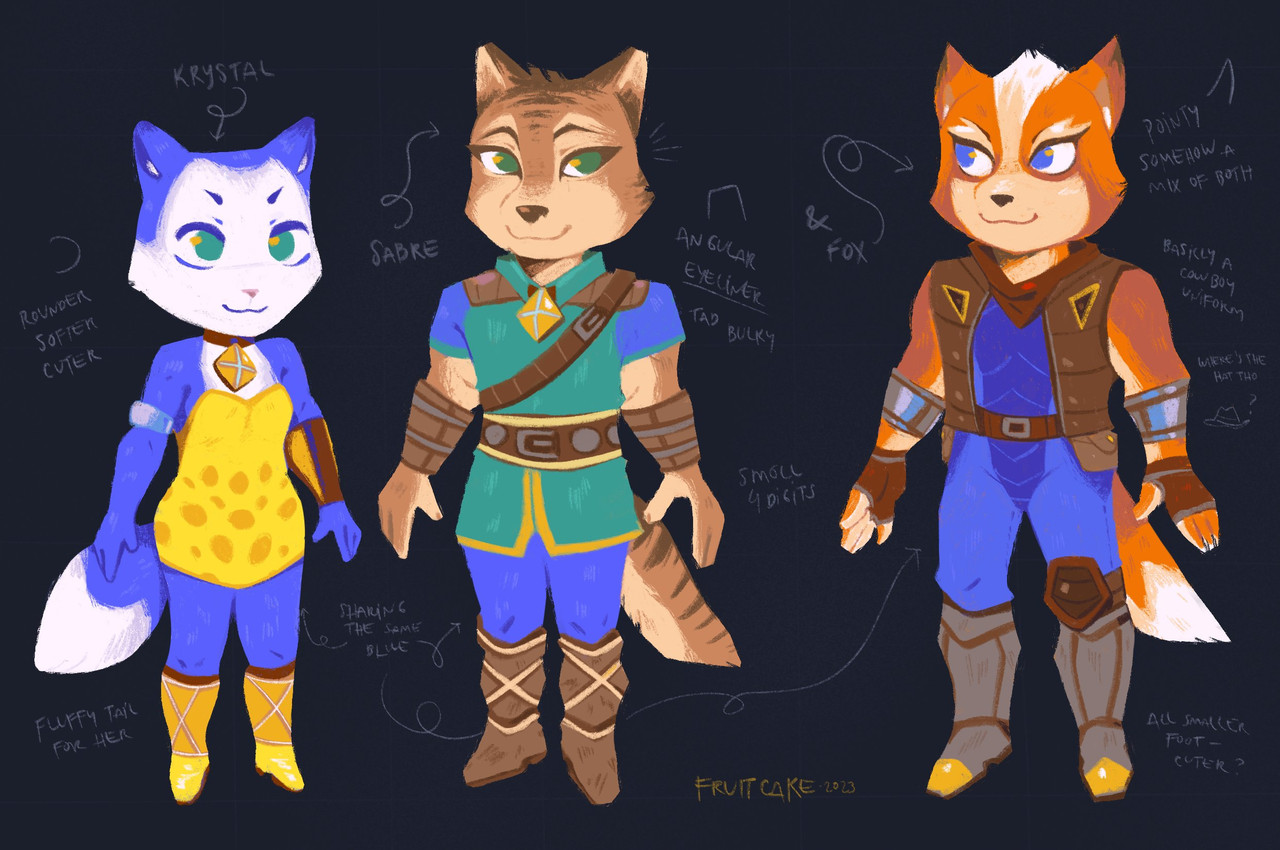 fox mccloud, krystal, and sabre (dinosaur planet and etc) created by fruitcake (artist)
