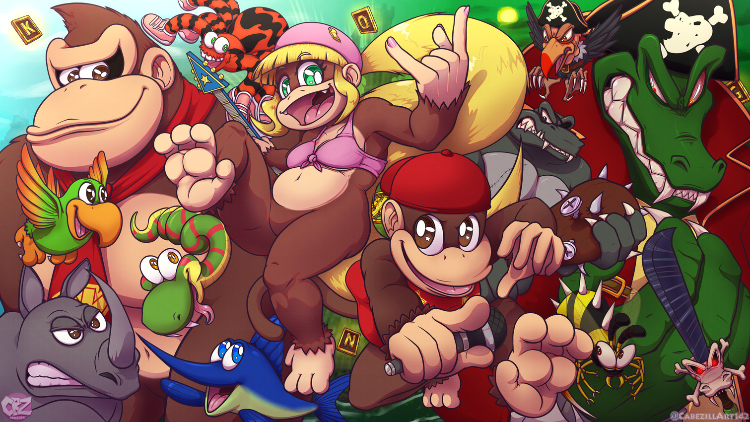 donkey kong, enguarde the swordfish, rattly the rattlesnake, rambi the rhinoceros, squitter the spider, and etc (donkey kong (series) and etc) created by cabezilla