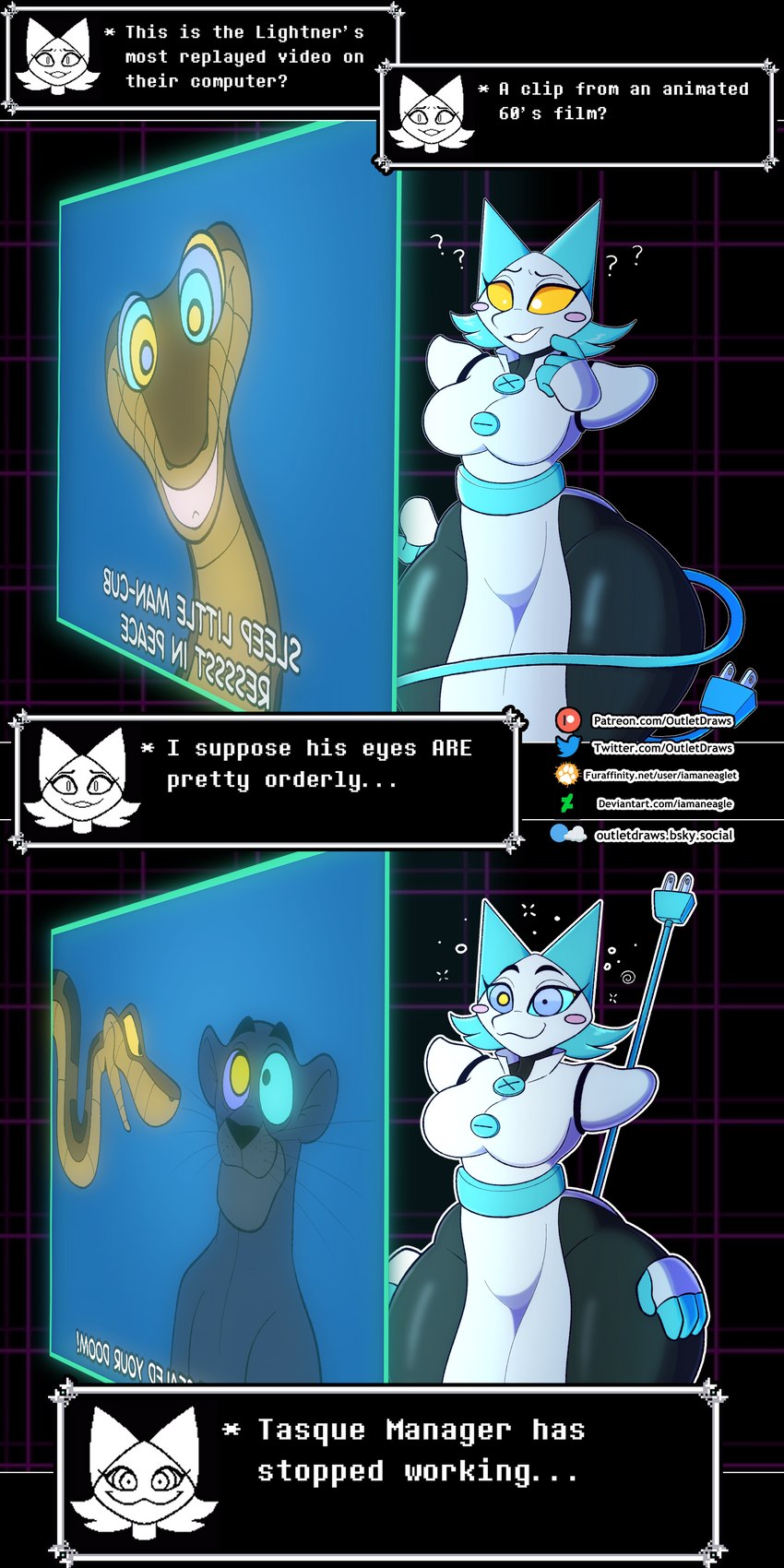 bagheera, kaa, and tasque manager (undertale (series) and etc) created by outletdraws