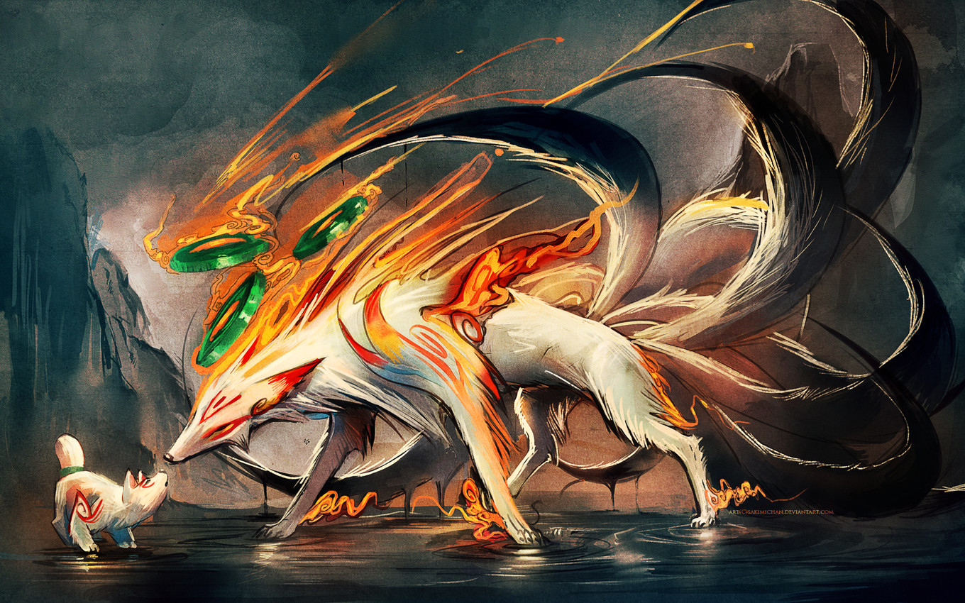 amaterasu and chibiterasu (okami (capcom) and etc) created by sakimichan