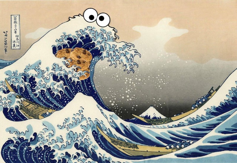 cookie monster (the great wave off kanagawa and etc) created by katsushika hokusai and unknown artist