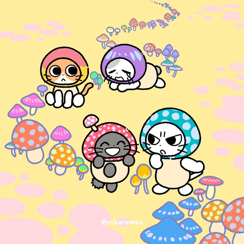 amayakasuneko, nagameruneko, shikaruneko, and ureuneko (shikaruneko (series)) created by mojacookie