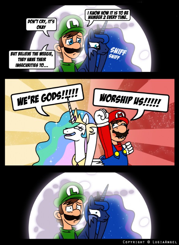 luigi, mario, princess celestia, and princess luna (friendship is magic and etc) created by lugiaangel