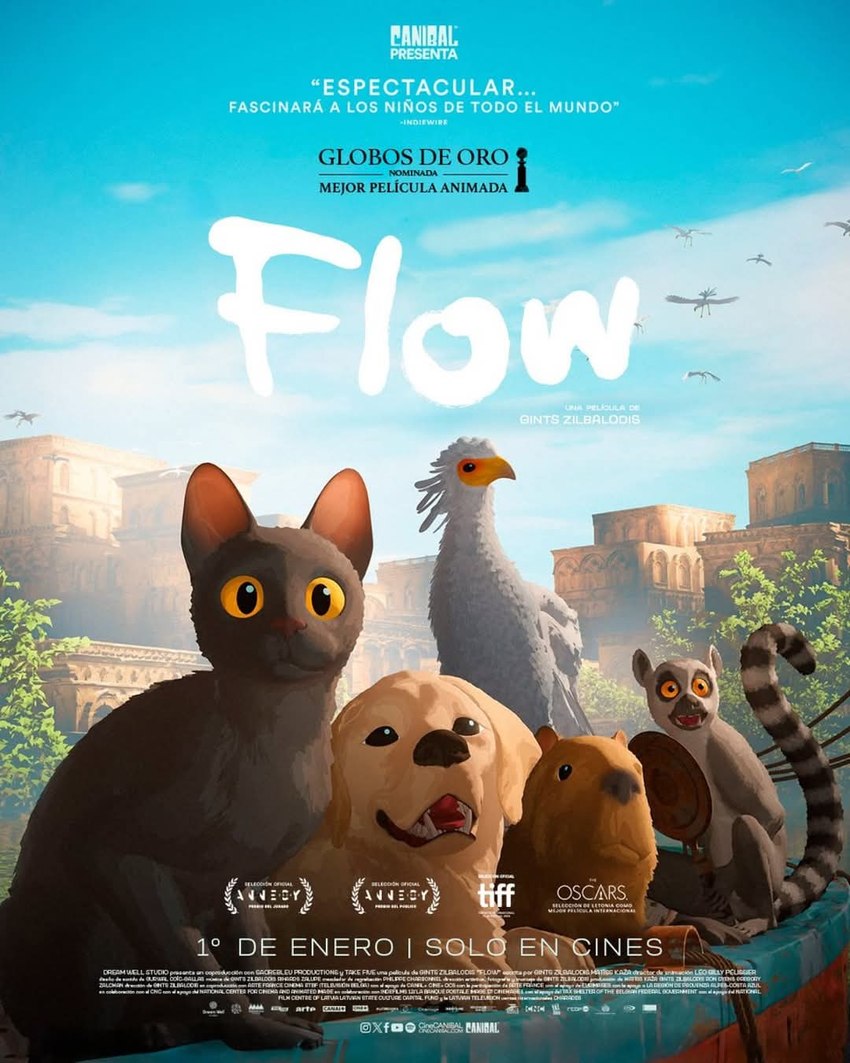 capybara, cat, labrador, lemur, and secretarybird (flow (2024)) created by unknown artist