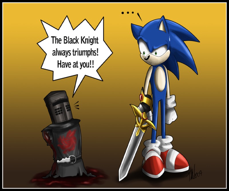 black knight, caliburn, and sonic the hedgehog (monty python and the holy grail and etc) created by metalpandora