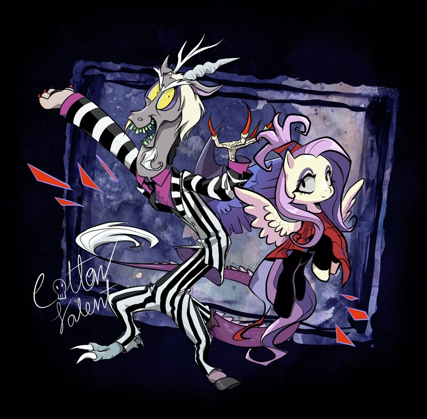 beetlejuice, discord, fluttershy, and lydia deetz (friendship is magic and etc) created by cottonvalent