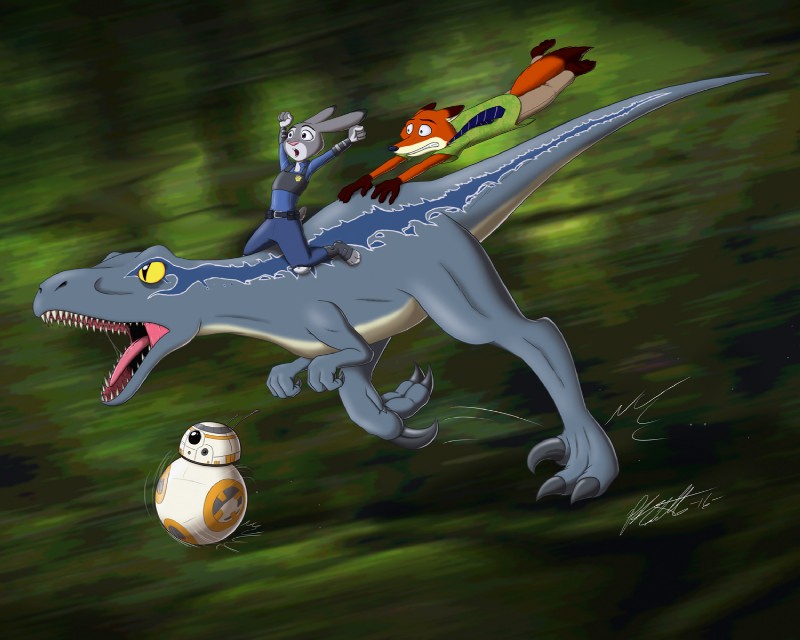 bb-8, blue, judy hopps, and nick wilde (universal studios and etc) created by shingallon