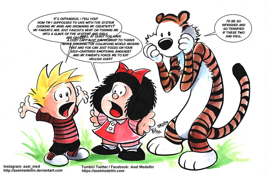 calvin, hobbes, and mafalda (calvin and hobbes and etc) created by axelmedellin