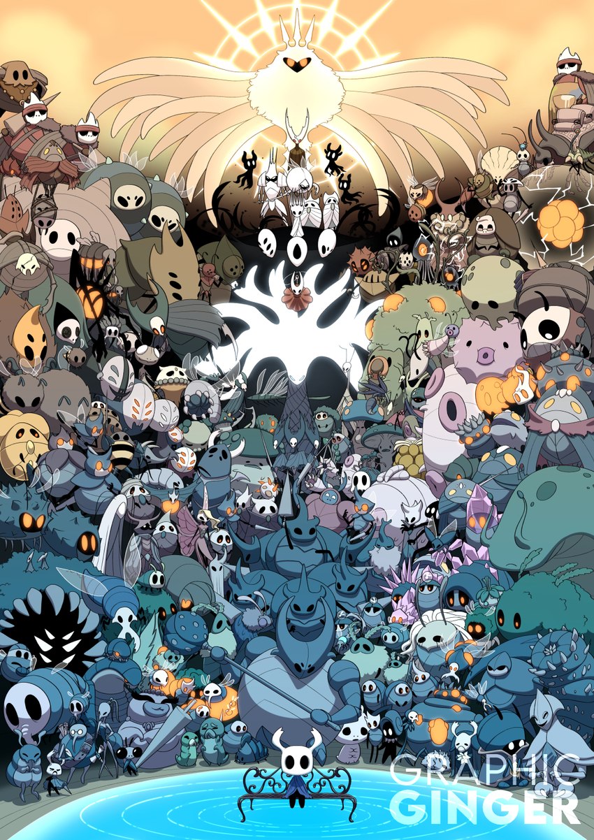 massive moss charger, crystal guardian, steel soul jinn, nailmaster mato, nailmaster sheo, and etc (hollow knight and etc) created by graphic ginger