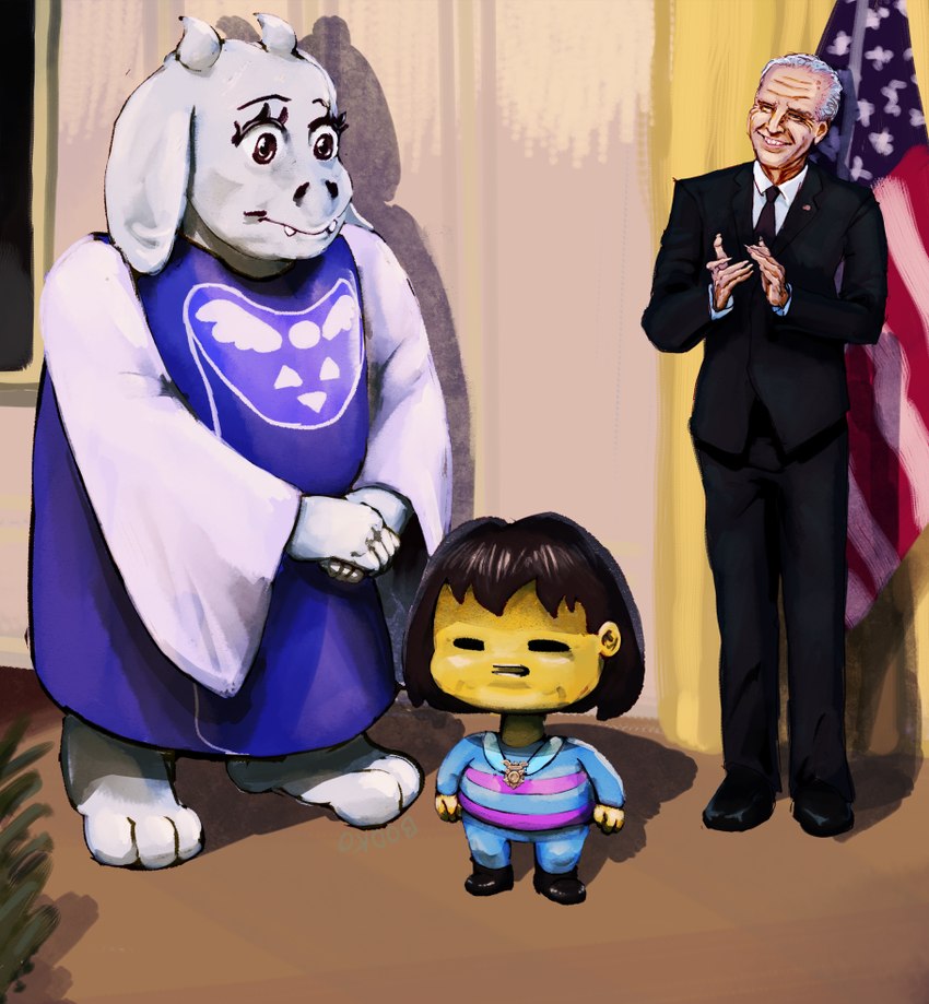 frisk, joe biden, and toriel (undertale (series) and etc) created by b0dko