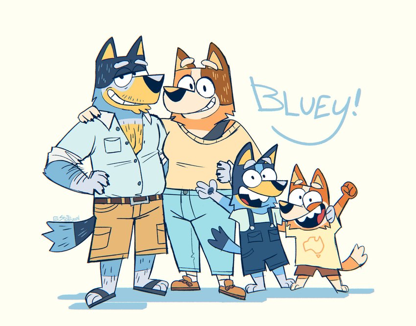 bandit heeler, bingo heeler, bluey heeler, and chilli heeler (bluey (series)) created by stellizard