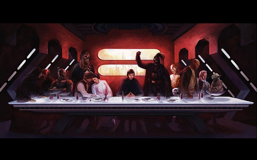 emperor palpatine, luke skywalker, obi-wan kenobi, darth vader, leia organa, and etc (the last supper and etc) created by eric deschamps and leonardo da vinci (artist)