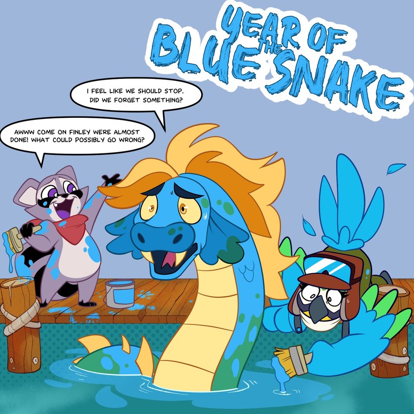 finley the sea serpent, mollie macaw, and rambley raccoon (indigo park) created by tiredpinkpanda