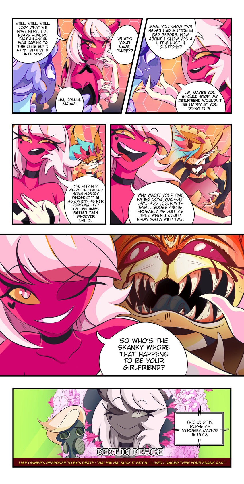 collin, queen bee-lzebub, tom trench, and verosika mayday (hazbin hotel and etc) created by mustachedbain