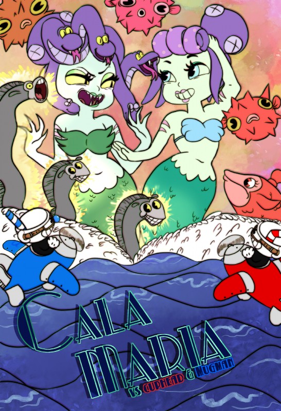 cala maria, cuphead, and mugman (european mythology and etc) created by pathesis