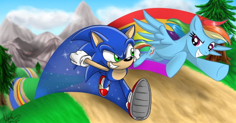 rainbow dash and sonic the hedgehog (sonic the hedgehog (series) and etc) created by unknown artist